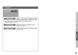 Page 2120
USE SETTING
TROUBLE?
PREPARE
IMPORTANT
Blue BackDisplays a blue screen and mutes the sound 
when the signal is weak or absent (On / Off)
z “Blue Back” does not function when the 3D mode is set to 
“SIDE BY SIDE 2”. (P. 12)
Control LockDisable the front control buttons on the 
monitor. (On / Off)
Power LampLights the power lamp (P. 7) while the monitor 
is on (On / Off)
 Features
Features
Power LampOn
Control LockOffBlue BackOn
GD-463D10U_EN.book  Page 20  Monday, June 8, 2009  4:20 PM
 