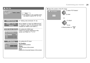 Page 2221Customising your monitor
VIDEO Settingg “Setting video terminals” (P. 22)
HDMI-1 Audio 
SettingSet to “Digital” or “Auto” for HDMI devices, 
or “Analog” or “Auto” for DVI devices. (Not 
available for HDMI-2 and HDMI-3.)
HDMI Mode SettingFor setting the HDMI input
If there is no picture displayed on the 
screen, set “Mode” to “1” or “2”.
PC SettingFor setting the PC input
PC Position:
Adjust screen position
Phase:
Sets the focus of the screen.
Pixel:
Adjusts the horizontal feature of the screen.
 Set...