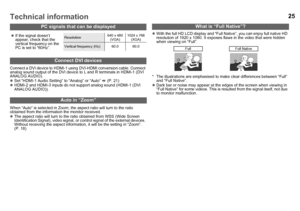 Page 2625Technical information
Connect a DVI device to HDMI-1 using DVI-HDMI conversion cable. Connect 
analog sound output of the DVI device to L and R terminals in HDMI-1 (DVI 
ANALOG AUDIO).
z Set “HDMI-1 Audio Setting” to “Analog” or “Auto”  g (P. 21)
z HDMI-2 and HDMI-3 inputs do not support analog sound (HDMI-1 (DVI 
ANALOG AUDIO)).
When “Auto” is selected in Zoom, the  aspect ratio will turn to the ratio 
obtained from the information the monitor received.
z The aspect ratio will turn to the  ratio...