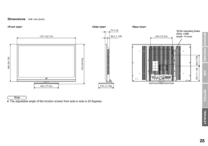 Page 2928
USE SETTING
TROUBLE?
PREPARE
IMPORTANT
zThe adjustable angle of the monitor  screen from side to side is 20 degrees.
Dimensions Unit: mm (inch)
400 (15 3/4)
200 (7 7/8)
281 (11 1/8)
39.5 (1 5/8)
275 (10 7/8) 74.5 (3)1071 (42 1/4)
450 (17 3/4)
725 (28 5/8) 680 (26 7/8)



VESA mounting holes
(Size: 4-M6, 
depth: 15 mm)
Note
GD-463D10U_EN.book  Page 28  Monday, June 8, 2009  4:20 PM
 