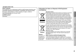 Page 5USE SETTING
TROUBLE?
PREPARE
IMPORTANT
4
European Union only
Dear Customer,
This apparatus is in conformance with the valid European directives and 
standards regarding electromagnetic co mpatibility and electrical safety.
European representative of Victor Company of Japan, Limited is:
JVC Technical Services Europe GmbH
Postfach 10 05 04
61145 Friedberg
Germany
Information for Users on Disposal of Old Equipment 
and Batteries
Notice: Products
Battery
The sign Pb below
the symbol for 
batteries indicates...