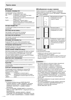 Page 22
20P
20

Пункты меню
Изображение на двух экранах
Имеется возможность одновременного отображения 
экранов входного сигнала ПК и входного сигнала AV.
Установите эту функцию в пункте “PIP MODES”  в меню PIP/PbyP.
PIP
(2)
(1)
Вспомогательный экран 
отображается внутри 
главного экрана.
PbyP
(1)
(2)
Основной экран и 
вспомогательный экран 
отображаются в линию.
PbyP2
(1)
(2)
Отображает основной экран с 
разрешением 1280 пикселей в 
самом длинном направлении 
и вспомогательный экран в 
линии.
(1) Основной...