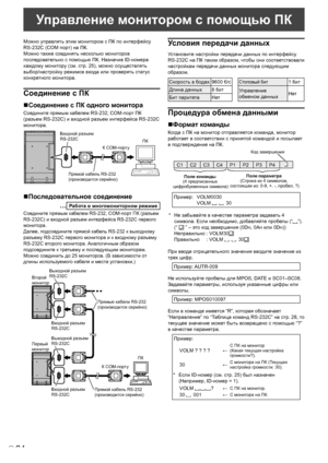 Page 26
24P
Управление монитором с помощью ПК
Можно управлять этим монитором с ПК по интерфейсу 
RS-232C (COM порт) на ПК.
Можно также соединять несколько мониторов 
последовательно с помощью ПК. Назначив ID-номера 
каждому монитору (см. стр. 25), можно осуществлять 
выбор/настройку режимов входа или проверять статус 
конкретного монитора.
Соединение с ПК
Соединение с ПК одного монитора
Соедините прямым кабелем RS-232, COM-порт ПК 
(разъем RS-232C) и входной разъем интерфейса RS-232C 
монитора.
Прямой кабель...