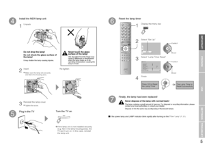 Page 65
Set UpAuto Program
Video-3 Setting
AI Volume
HDMI Setting
PC PositionVideo
OffVideo
Teletext Language Edit/Manual
Video-1 SettingLanguage
Lamp Timer Reset
Set Up
IMPORTANT! PREPARE USE
SETTINGS
TROUBLE?
Select “Set Up” Display the menu bar
Select “Lamp Timer Reset”
Finish
select
next
select
next
5
6
Install the NEW lamp unit
7Reinstall the lamp cover
The Lamp Timer is 
Reset SuccessfullyPress OK to Reset 
the Lamp Timer
 Tighten the screw.
4
1
2
3
4
Finally, the lamp has been replaced!
1
3
Turn the TV...
