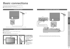 Page 87
Care when setting
Connect the aerial
IMPORTANT! PREPARE USE
SETTINGS
TROUBLE?
Basic connections
Please read the user manuals of each device carefully before setup.
It is necessary to connect an aerial to watch TV.
 Connect with other devices  “Connecting external devices” (P. 10)
VCR / DVD recorder
 After all the connections have been made, insert the plug into an AC outlet. If both composite and S-VIDEO cable are connected, S-VIDEO will be enable.
 After all the connections have been made, insert the...