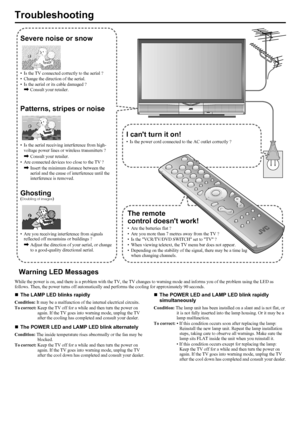 Page 28LT-Z70/56RX5 / LCT1911-001A / English
26
ENGLISH
Troubleshooting
Warning LED Messages
While the power is on, and there is a problem with the TV, the TV changes to warning mode and informs you of the problem using the LED as 
follows. Then, the power turns off automatically and performs the cooling for approximately 90 seconds.
„The LAMP LED blinks rapidly
Condition: It may be a malfunction of the internal electrical circuits.
To correct: Keep the TV off for a while and then turn the power on 
again. If...