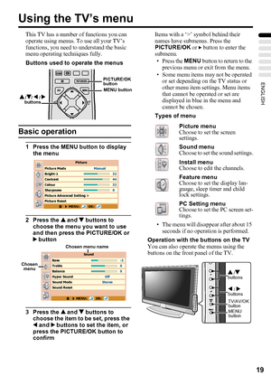 Page 2319
ENGLISH
Using the TV’s menu
This TV has a number of functions you can 
operate using menus. To use all your TV’s 
functions, you need to understand the basic 
menu operating techniques fully.
Buttons used to operate the menus
Basic operation
1 Press the MENU button to display 
the menu
2 Press the 1 and 4 buttons to 
choose the menu you want to use 
and then press the PICTURE/OK or 
3 button
3 Press the 1 and 4 buttons to 
choose the item to be set, press the 
2 and 3 buttons to set the item, or...