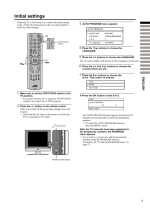 Page 10
7
Initial settings
When the TV is first turned on, it enters the initial setting 
mode. Follow the instructions on the on-screen display to make the initial settings.
1Make sure to set the VCR/TV/DVD switch to the 
TV position.
• You cannot turn the TV on when the VCR/TV/DVD 
switch is set to the VCR or DVD position.
2 Press the  button on the remote control
After a short interval the power lamp changes from red
•Check that the AC plug on the power cord from the TV is connected to AC outlet.
4 he...