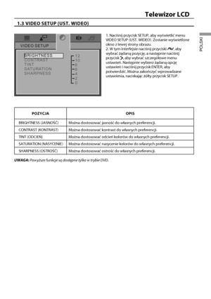 Page 4038
Telewizor LCD
POLSKI
1.3 VIDEO SETUP (UST. WIDEO)
VIDEO SETUP
BRIGHTNESS
CONTRAST
TINT
SATURATION
SHARPNESS12
10
8
6
4
2
0
1. Naciśnij przycisk SETUP, aby wyświetlić menu 
VIDEO SETUP (UST. WIDEO). Zostanie wyświetlone 
okno z lewej strony obrazu.
2. W tym interfejsie naciśnij przyciski 
, aby 
wybrać żądaną pozycję, a następnie naciśnij 
przycisk 
, aby wybrać szczegółowe menu 
ustawie\b. Następnie wybierz żądaną opcję 
ustawie\b i naciśnij przycisk ENTER, aby 
potwierdzić. Można zako\bczyć...