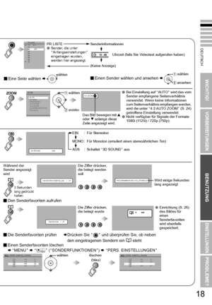 Page 25DEUTSCH
WICHTIG!
VORBEREITUNGEN
BENUTZUNG
EINSTELLUNGEN
PROBLEME?
18
PR LISTE
1 PR nIDAV_ _ _ _ _ _01ZDF02
03
04
05
06
407
PR LISTE
Sender, die unter AAnfangseinstellungenB 
eingetragen wurden, 
werden hier angezeigt.
Senderinformationen
Uhrzeit (falls Sie Videotext aufgerufen haben)
(Keine Anzeige)
 Eine Seite wählen  ¨ 
Einen Sender wählen und ansehen  ¨
ZOOMAUTO
NORMAL
PANORAMIC
14:9 ZOOM
16:9 ZOOM
16:9 ZOOM UNTERTITELVOLLBILD
16:9 ZOOM
Das Bild bewegen mit 1 
oder  4 solange diese 
Zeile angezeigt...
