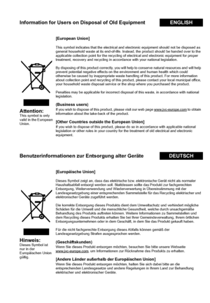 Page 4III
Information for Users on Disposal of Old EquipmentENGLISH
Attention:
This symbol is only 
valid in the European 
Union.
[European Union]
This symbol indicates that the electrical and  electronic equipment should not be disposed as 
general household waste at its end-of-life. Instead, the product should be handed over to the 
applicable collection point for the recycling of electrical and electronic equipment for proper 
treatment, recovery and recycling in accordance with your national legislation....