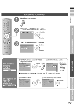 Page 29DEUTSCH
WICHTIG!
VORBEREITUNGEN
BENUTZUNG
EINSTELLUNGEN
PROBLEME?
22
Erweiterte Funktionen
A
Menüleiste anzeigen
B
APROGRAMMIERUNG B wählen
PROGRAMMIERUNG
C
A EXT EINSTELLUNG B wählen
z PROGRAMMIERUNG
AUTO 3SENDER ORDNEN/MAN.3
SPRACHE 3
DECODER(EXT-2) AUS
EXT EINSTELLUNG 3
Awählen
Bweiter
Awählen
B weiter
Auf S-VIDEO-
Eingang 
schalten
AAEXT-2 B wählen, das an S-VIDEO 
angeschlossen ist B
S-VIDEO-Modus wählen
z >EXT EINSTELLUNGEXT-1
EXT-3
TV EXT-2
ÜBER-SPIELENz
>EXT EINSTELLUNGEXT-1
EXT-3
TV...