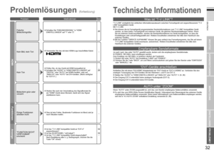 Page 20
31

DEUTSCH
32

WICHTIG!
VORBEREITUNGEN
BENUTZUNG
EINSTELLUNGEN
PROBLEME?
Anzeige
Funktionen
“T-V LINK” ermöglicht den einfachen Informationsaustausch zwischen Fernsehgerät und angeschlossenem “T-V LINK”-kompatiblem Gerät.Mit T-V LINK:Sie können die im Fernsehgerät programmierten Senderinformationen zum “T-V LINK”-kompatiblen Gerät senden, so dass beide, Fernsehgerät und externes Gerät, die gleichen Sendereinstellungen haben. Wenn Sie ein externes Gerät anschließen, werden die Senderinformationen ins...