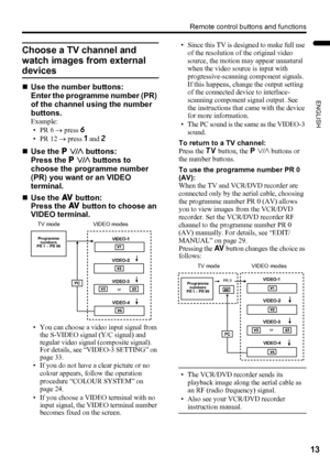 Page 15Remote control buttons and functions
13
ENGLISH
LT-32/26AX5 / LCT1926-001A / English
Choose a TV channel and 
watch images from external 
devices
„Use the number buttons:
Enter the programme number (PR) 
of the channel using the number 
buttons.
Example:
•PR 6 → press 6
• PR 12 → press 1 and 2
„Use the p p buttons:
Press the p p buttons to 
choose the programme number 
(PR) you want or an VIDEO 
terminal.
„Use the G button:
Press the G button to choose an 
VIDEO terminal.
• You can choose a video input...