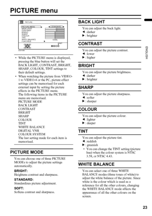 Page 2523
ENGLISH
LT-32/26AX5 / LCT1926-001A / English
PICTURE menu
• While the PICTURE menu is displayed, 
pressing the blue button will set the 
BACK LIGHT, CONTRAST, BRIGHT, 
SHARP, COLOUR, TINT settings to 
their default settings.
• When watching the picture from VIDEO-
1 to VIDEO-4 or the PC, picture effect 
settings can be memorised for each 
external input by setting the picture 
effects in the PICTURE menu.
The following items in the PICTURE 
menu are memorised.
PICTURE MODE
BACK LIGHT
CONTRAST
BRIGHT...