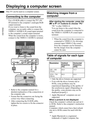 Page 3634
LT-32/26AX5 / LCT1926-001A / English
ENGLISH
Displaying a computer screen
This TV can be used as a computer screen.
Connecting to the computer
Use a D-SUB cable to connect the TV’s PC 
IN terminal to the computer’s analogue RGB 
output terminal.
If you want to listen to the sound from the 
computer, use an audio cable to connect the 
VIDEO-3 AUDIO L/R sound input terminal 
to the computer’s sound output terminal.
When the sound from the computer is mono, 
connect to the VIDEO-3 AUDIO L terminal.
•...