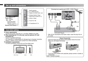 Page 4
4
Set up and connections
TV/VIDEOMENU/OK
CHANNEL
VOLUME
150mm 50mm 150mm
200mm
50mm
VIDEO-2RLV
12
Care when setting
Power lamp  ON  : Lit (Blue)  OFF : Unlit    Power lamp lights    while the TV is on.     • “Power Lamp” (P. 11)Remote control sensor
Switch betweenTV / VIDEO devicesDisplay on-screen menu / set
Change channel / Page /Hyper Scan Function (P. 3)
Volume / Adjust
Power On / Off
To Headphone (P. 5)
■  Power requirements• Connect the power cord only to a 110-240V, 50/60Hz AC outlet.■  When...