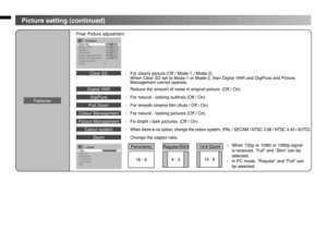 Page 8
8
Picture setting (continued)
16 : 94 : 314 : 9
PanoramicRegular/Slim14:9 ZoomAuto
16:9ZoomFull
Regular
14:9Zoom
Panoramic
Zoom>>>>Panoramic
ClearSD
ColourManagementPictureManagementColourSystemZoom
DigitalVNR
PullDownDigiPure
Features>
>>
>>offoffoffoffoffoff
•  When 720p or 1080i or 1080p signal is received, “Full” and “Slim” can be selected.•  In PC mode, “Regular” and “Full” can be selected.
Features
Finer Picture adjustment
Clear SD:  For clearly picture (Off / Mode-1 / Mode-2)  When Clear SD set...