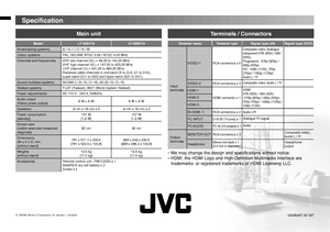 Page 16© 2009 Victor Company of Japan, Limited0309NWT-NF-MT
 
Speciﬁ cation
Main unit
Terminals / Connectors
Terminal name Terminal type Signal type (IN) Signal type (OUT)
Input
terminalsVIDEO-1
RCA connectors x 6
Composite video, Analogue 
component 576i (625i) / 480i 
(525i),
Progressive : 576p (625p) /
480p (525p),
HD : 1080i (1125i), 720p
(750p) / 1080p (1125p) 
Audio L / R
VIDEO-2
RCA connectors x 3
Composite video, Audio L / R
HDMI-1
HDMI connector x 1
HDMI
576i (625i) / 480i (525i)
/ 576p (625p) / 480p...