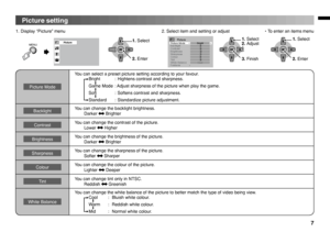 Page 77
OK
OK
OOKK
1. Display “Picture” menu 2. Select item and setting or adjust
Picture
0ICTURE-ODE
3HARPNESS
#OLOUR
4INT
7HITE ALANCE
&EATURES ACKLIGHT
RIGHTNESS#ONTRAST
0ICTURE



RIGHT#OOL
• To enter an items menu
MENUPicture ModeYou can select a preset picture setting according to your favour.
 Bright  :  Hightens contrast and sharpness.
Game Mode  : Adjust sharpness of the picture when play the game.
Soft  :  Softens contrast and sharpness.
Standard  :  Standardize picture adjustment.BacklightYou can...