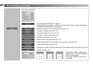 Page 88
16 : 9
4 : 3
14 : 9
Panoramic
Regular/Slim
14:9 Zoom
!UTO
 :OOM 2EGULAR
 :OOM0ANORAMIC
:OOM
 
0ANORAMIC
:OOM3UBTITLE
&ULL
#LEAR3$
3MART0ICTURE
$YNAMICACKLIGHT $IGITAL6.2
$IGI0URE0ULL$OWN/FF
0ICTURE-ANAGEMENT
#OLOUR3YSTEM
:OOM -0%.OISE2EDUCTION#OLOUR-ANAGEMENT
&EATUREA
/FF /FF /FF
/FF
/FF
/FF /FF
/FF
•  When 720p or 1080i or 1080p signal is 
received, “Full”, “Slim” and “Panoramic 
Zoom” can be selected.
•  In PC mode, “Regular” and “Full” can 
be selected.
FeaturesFiner Picture...