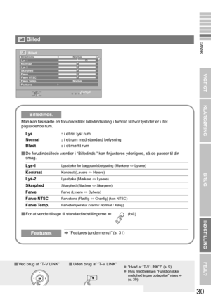 Page 3730
VIGTIGT KLARGØRINGBRUGINDSTILLING FEJL?
DANSK
Man kan fastsætte en forudindstillet billedindsti lling i forhold til hvor lyst der er i det 
pågældende rum.
 De forudindstillede værdier i “Billedinds.” kan fi njusteres yderligere, så de passer til din 
smag.
 For at vende tilbage til standardindstillingerne  g  (blå)
Billedinds.
Lys : i et ret lyst rum
Normal : i et rum med standard belysning
Blødt : i et mørkt rum
Lys-1
Lysstyrke for baggrundsbelysning (Mørkere  l Lysere)
KontrastKontrast (Lavere  l...