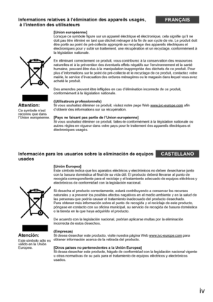 Page 5iv
Informations relatives à l’élimination des appareils usagés,
 à l’intention des utilisateursFRANÇAIS
Attention:Ce symbole n’est 
reconnu que dans 
l’Union européenne.[Union européenne]
Lorsque ce symbole figure sur un appareil électriq
ue et électronique, cela signifie qu’il ne 
doit pas être éliminé en tant que déchet ménager à la fin de son cycle de vie. Le produit doit 
être porté au point de pré-collecte approprié au recyclage des appareils électriques et 
électroniques pour y subir un traitement,...