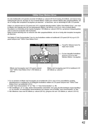 Page 4942
VIGTIGT KLARGØRINGBRUGINDSTILLING FEJL?
DANSK100Hz Clear Motion Drive
De este traditionelle LCD-paneler anvender 50 billeder pr. se kund (50 Hz) til visning af et billede, som kræver lang 
belægningstid (den tid, det tager at vi se et enkelt billede), hvilket giver slørede billeder eller spøgelsesbilleder, når 
der er hurtige eller komplekse bevægelser på skærmen – et fænomen, som er almindeligt for alle LCD-paneler.
Dette tv er udstyret med et LCD-panel med JVC’s originale teknologi kaldet “100Hz...