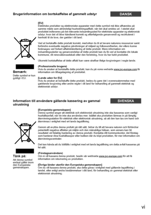 Page 7vi
Brugerinformation om bortskaffelse af gammelt udstyrDANSK
Bemærk:Dette symbol er kun 
gyldigt i EU.[EU]
Elektriske produkter og elektroniske apparater
 med dette symbol må ikke afhændes på 
samme måde som almindeligt husholdningsaffald, når det skal smides ud. I stedet skal 
produktet indleveres på det relevante indsamling ssted for elektriske apparater og elektronisk 
udstyr, hvor det vil blive håndteret korrekt  og efterfølgende genanvendt og recirkuleret i 
henhold til de love, der gælder i dit...