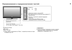 Page 86
Сенсор дистанционного  
управления Включить
 / выключить  (режим  ожидания ) 
телевизор .
Сигнал  наушников  (Миништекер  
стереофонического  сигнала  R 3,5 мм)
Изменение
 канала  / разъем  EXT.
Для  переключения  на  внешний  вход  нажмите  P   
несколько  раз .
Громкость
Сенсор  Эко  Режима
g “Что  такое  “Эко  Режим ”?” (стр. 32)
Индикатор  питания
ВКЛ : Горит
ВЫКЛ : Не  горит
z Когда  “Лампа ” установлено  на  “Выкл .”, индикатор  питания  не  горит .
g “Лампа ” (стр . 27) z
После  установки...