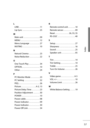 Page 7657
Index
L
LINK  . . . . . . . . . . . . . . . . . . . . . . . 11
 Lip Sync   . . . . . . . . . . . . . . . . . . . 25
M
Main unit  . . . . . . . . . . . . . . . . . . 09
MENU  . . . . . . . . . . . . . . . . . . . . . 12
 Menu Language   . . . . . . . . . . . 27
MUTING  . . . . . . . . . . . . . . . . . . . 10
N
 Natural Cinema   . . . . . . . . . . . . 23
 Noise Reduction   . . . . . . . . . . . 22
O
 One Touch Play   . . . . . . . . . . . . 34
OPTION . . . . . . . . . . . . . . . . . . . . 10
 Other ....