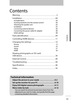 Page 1003
Contents
Contents
Warning . . . . . . . . . . . . . . . . . . . . . . . . . . . . . . . . . . . . . . . . . . .  ii
Installation . . . . . . . . . . . . . . . . . . . . . . . . . . . . . . . . . . . . . . . 04
Included items  04
Inserting batteries into the remote control  04
Attaching the speaker unit  05
Installation 05
Connecting external devices  06
Connecting the power cable/AC adapter  08
Initial settings  08
Parts identification  . . . . . . . . . . . . . . . . . . . . . . . . . . . . . . . 09...
