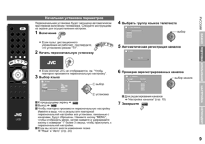 Page 11РУССКИЙ
РУССКИЙ
9
ИСПОЛЬЗОВАНИЕ
НАСТРОЙКА
НЕПОЛАДКИ?
ПОДГОТОВКА
ВАЖНО
Первоначальная  установка  будет  запущена  автоматически  
при  первом  включении  телевизора . Следуйте  инструкциям  
на  экране  для  осуществления  настроек .
Начальная  установка  параметров
1Включение  
zЕсли  пульт  дистанционного  
управления  не  работает , подтвердите , 
что  установлен  режим  “TV”.
2Начать  первоначальную  установку
z Если  логотип  JVC не отображается , см . “Чтобы  
повторно  произвести  первоначальную...