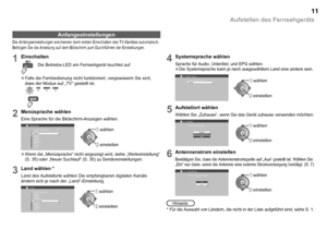 Page 12

Aufstellen des Fernsehgeräts
EnglishDeutschSchritt 1: Sprache wählen1/3FrançaisItalianoCastellanoCatalàNederlandsDanskSvenskaNorsk
Menüsprache>
ÖsterreichSchritt 2: Land wählen1/2Land>>
SchweizTschechienDeutschlandDänemarkSpanienFinnlandFrankreichEngland
Belgien
DeutschSchritt 3: Sprache wählenSystem Sprache>>>
Zuhause
Schritt 4: Aufstellort wählenAufstellort>>>>
Markt mit automatischer DemoMarkt
EinAus
Schritt 5: Antennenstrom wählenAntennenstrom>>>>>
Die Anfangseinstellungen erscheinen beim...