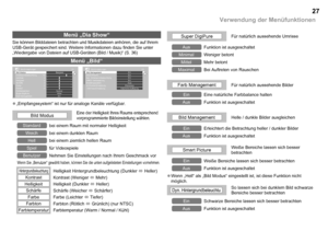 Page 28

Verwendung der Menüfunktionen
FarbtemperaturSuper DigiPure
HintergrundbeleuchtungKontrastHelligkeitSchärfeFarbtonFarbeNormalFarb Management
1500000
MittelEin
Bild Einstellungen1/2Bild ModusStandardSmart PictureDyn. HintergrundbeleuchtungMPEG VerbesserungEmpfangssystemAutoEinEinEinEin
4:3 Format EinstellungPanoramaNatürliche Auflösung
Bild Einstellungen2/2Bild Management
1080 Auto Einstellung
Menü „Dia Show“
Sie können Bilddateien betrachten und Musikdateien anhören, die auf Ihrem USB-Gerät...