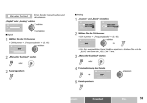 Page 33
DEUTSCH
>>>Analoger manueller SuchlaufSuchen
1KanalDeutschland:1-12,21-69VHF
> Analoger manueller Suchlauf
SystemBandSuchenFeinabstimmung
B/GVHF/UHFD/KIL
B/G> Analoger manueller Suchlauf
System
SuchenFeinabstimmung
B/GVHF/UHFKabelVHF/UHFBand
>>>Analoger manueller SuchlaufFeinabstimmung
43KanalDeutschland:1-12,21-69UHF
> Manueller Suchlauf
DigitalAnalog
>>Digitaler Manueller Suchlauf
21
0%
KanalUHFDeutschland5-12,21-69:
Etc.ErweitertAllgemeinErste Schritte
Analog
 Wählen Sie die...