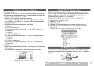 Page 7
DEUTSCHEtc.ErweitertAllgemeinErste Schritte
Installation Ihres Fernsehgeräts
Stromversorgung
Netzkabel nur an eine 220 - 240 V, 50 Hz Netzsteckdose anschließen.
Verwenden Sie für die Befestigung des Fernsehgeräts an der Wand de\
n optionalen Wandmontagesatz von JVCWenden Sie sich an einen geschulten Techniker.Anweisungen zur Montage finden Sie in der mitgelieferten Anleitung.JVC übernimmt keine Haftung für Schäden, die durch unsachgemäße Montage entstehen.Montagebohrungen zur Wandmontage des...