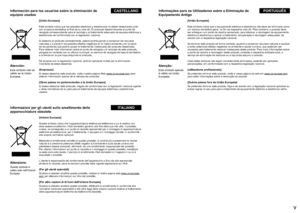 Page 4ivv
Información para los usuarios sobre la eliminación de 
equipos usadosCASTELLANO
[Unión Europea]
Este símbolo indica que los aparatos eléctricos y electrónicos no deben desecharse junto 
con la basura doméstica al  nal de su vida útil. El producto deberá llevarse al punto de 
recogida correspondiente para el reciclaje y el tratamiento adecuado de equipos eléctricos y 
electrónicos de conformidad con la legislación nacional.
Si desecha el producto correctamente, estará contribuyendo a conservar los...