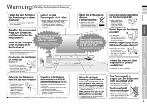 Page 6
3

DEUTSCH
4

Das Wichtigste zuerst!
WICHTIG!
VORBEREITUNGEN
BENUTZUNG
EINSTELLUNGEN
PROBLEME?
Nehmen Sie niemals die 
Abdeckung auf der Rückseite ab!
Dies kann zu Stromschlägen führen.
Blockieren Sie niemals 
die Lüftungsöffnungen!
Dies kann zu Überhitzung führen oder Brände verursachen.
Behandeln Sie den LCD-
Bildschirm vorsichtig!
Verwenden Sie für die Reinigung ein weiches, trockenes Tuch.
Versuchen Sie niemals, 
das Fernsehgerät 
selbst zu reparieren!
Wenn sich das Problem nicht mit den...