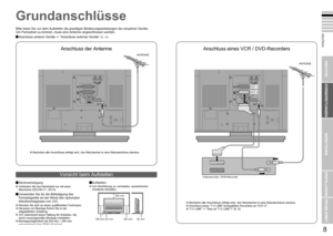 Page 8
7

DEUTSCH
8

WICHTIG!
VORBEREITUNGEN
BENUTZUNG
EINSTELLUNGEN
PROBLEME?

Anschluss der Antenne
Grundanschlüsse
Anschluss eines VCR / DVD-Recorders
ANTENNE
Videorecorder / DVD-Recorder
EXT-2
Nachdem alle Anschlüsse erfolgt sind, den Netzstecker in eine Netzsteckdose stecken.Anschluss eines “T-V LINK”-kompatiblen Recorders an “EXT-2”.“T-V LINK”  “Was ist “T-V LINK”?” (S. 9)
Nachdem alle Anschlüsse erfolgt sind, den Netzstecker in eine Netzsteckdose stecken.
ANTENNE
EXT-1
StromversorgungVerbinden...