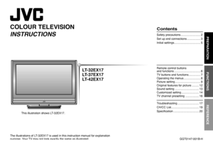 Page 1
TV/VIDEO
MENU/OK
CHANNEL
VOLUME

COLOUR TELEVISION 
INSTRUCTIONS
The illustrations of LT-32EX17 is used in this instruction manual for explanation purpose. Your TV may not look exactly the same as illustrated.
This illustration shows LT-32EX17.
LT-32EX17
LT-37EX17
LT-42EX17
PREPARATION
FUNCTIONS
REFERENCE
Contents
Safety precautions .........................2
Set up and connections .................3
Initial settings .................................5
Remote control buttons  and functions...