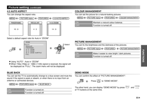 Page 11
11

ZOOMAUTOREGULARPANORAMIC14 : 9 ZOOM16 : 9 ZOOM16 : 9 ZOOM  SUBTITLEFULL

FUNCTIONS

Picture setting (continued)
PICTURE menu
4:3 AUTO ASPECT
You can change the aspect ratio.
MENUFEATURES4:3 AUTO ASPECT
Select a default aspect ratio for Auto in “ZOOM”
● Using “AUTO” : Auto in “ZOOM”● When 720p (750p) or  1080i (1125i) signal is received, the signal will be displayed as “FULL”. The zoom menu will not be displayed.
FEATURES menu
BLUE BACK
You can set the TV to automatically change to a blue screen and...