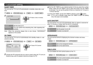 Page 14
14

OK

Customized setting
FEATURES menu
SLEEP TIMER
You can set the TV to turn off automatically to standby mode after a set time.
MENU
CancelSet the time to “0”.
RemainingYou can conﬁrm the remaining time, after repeating this process.
FEATURES menu
ON TIMER
You can set the TV to turn on automatically from standby mode at  a set channel and time.
MENUTIMER
Choose the PR (channel) that you want to watch when the TV turns on. External input and AV position cannot be chosen for PR.
Set the ON TIMER to...