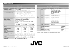 Page 20
© 2007 Victor Company of Japan, Limited0407WKT-NF-MT
Speciﬁcation
Main unitTerminals / Connectors
ModelLT-32EX17LT-37EX17LT-42EX17
Broadcasting systemsB / G / I / D / K / M
Colour systemsPAL, SECAM, NTSC 3.58 / NTSC 4.43 MHz
Channels and frequenciesVHF low channel (VL) = 46.25 to 140.25 MHzVHF high channel (VH) = 147.25 to 423.25 MHzUHF channel (U) = 431.25 to 863.25 MHzReceives cable channels in mid band (X to Z+2, S1 to S10), super band (S11 to S20) and hyper band (S21 to S41)
Sound-multiplex...