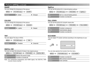 Page 10
10

ECO MODEOFF

Picture setting (continued)
PICTURE menu
SHARP
You can change the sharpness of the picture.
Choose1 : Softer2 : Sharper
MENUSHARP
PICTURE menu
COLOUR
You can change the sharpness of the picture.
Choose1 : Lighter2 : Deeper
MENUCOLOUR
PICTURE menu
TINT
You can adjust Tint only in NTSC.
Choose1 : Reddish2 : Greenish
MENUTINT
PICTURE menu
DIGITAL VNR
You can cut down the amount of noise in the original picture.
ONReduce the picture noise.
OFFFunction is turned off.
MENUFEATURES
PICTURE...