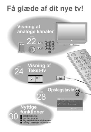 Page 28  
20
Visning af 
analoge kanaler
Få glæde af dit nye tv!
Visning af 
Tekst-tv
24
SIDE
22
SIDE
Opslagstavle
28
SIDE
Skift billedformat
 Nyd den gode lyd
 Tag øjebliksbilleder af skærmen
 Visning i tilstanden “Multipicture”
30
SIDE
Nyttige 
funktioner
+10
-10
PR Oversigt
09 08 07 06
05 04 03 02
01 DR1
AV_ _ _ _ _ _
ABC
LukSkrivebord Edit
NejT i l  mi n   de j l i ge   kone   
T i l  l ykke  med  f ødse l sdagen !
Jeg elsker  dig            
og vi l  al d
i
t
i
 e
k
s
e l
dg
)
-
:...