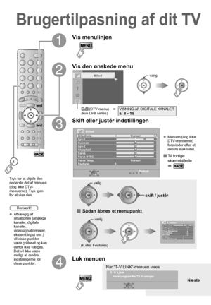 Page 4234
Brugertilpasning af dit TV
A
Vis menulinjen
B
Vis den ønskede menu
        (DTV-menu)
(kun DP8 series)gVISNING AF DIGITALE KANALERs. 8 - 19
C
Skift eller justér indstillingen
z
Menuen (dog ikke 
DTV-menuerne) 
forsvinder efter et 
minuts inaktivitet.
Til forrige 
skærmbillede
g
 Sådan åbnes et menupunkt
D
Luk menuen
vælg Billed
BilledBilledinds.
Lys-1 Normal
Normal
Fortryd
KontrastLys-2SkarphedFarveFarve NTSCFarve Temp.
Features
vælg 
skift / justér
vælg 
Super DigiPure Auto
Biograf Effekt Auto...