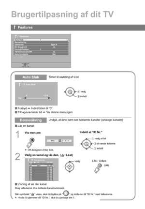 Page 4638
Brugertilpasning af dit TV
Fortryd  g Indstil tiden til “0”
 Tilbageværende tid  g Vis denne menu igen
 Lås en kanal
Auto SlukTimer til slukning af tv’et
BørnesikringUndgå, at dine børn ser bestemte kanaler (analoge kanaler)
1
Vis menuen 
z OK-knappen virker ikke.
Indstil et “ID Nr.”
2
Vælg en kanal og lås den. ( : Låst)
 Visning af en låst kanal
Brug taltasterne til at indtaste kanalnummeret.
Når symbolet “ ” vises, skal du trykke på “ ”  og indtaste dit “ID Nr.” med taltasterne.
z Hvuis du...