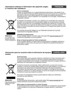 Page 6iv
Informations relatives à l’élimination des appareils usagés,
à l’intention des utilisateursFRANÇAIS
Attention:Ce symbole n’est 
reconnu que dans 
l’Union européenne.[Union européenne]
Lorsque ce symbole figure sur un appareil électrique et électronique, cela signifie qu’il ne 
doit pas être éliminé en tant que déchet ménager à la fin de son cycle de vie. Le produit doit 
être porté au point de pré-collecte approprié 
au recyclage des appareils électriques et 
électroniques pour y subir un traitement,...