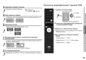 Page 21РУССКИЙ19
ИСПОЛЬЗОВАНИЕ
НАСТРОЙКА
НЕПОЛАДКИ?
ПОДГОТОВКА
ВАЖНО
РУССКИЙ
  Удержание  текущей  страницы
 Показ  скрытых  страниц
 Увеличение  текста
Быстрое  переключение  с  телетекста  на  просмотр  
телепрограмм
 На  страницу  указателя
Удержание  текущей  страницы
Освободите  
g  Нажмите  “” еще раз
Отображение  скрытой  информации  (ответы  на  вопросы  викторин  и  т .д .)
Удвоение  размера  отображаемого  текста
Оставьте  текущую  страницу  открытой  во  время  переключения  на  
просмотр...